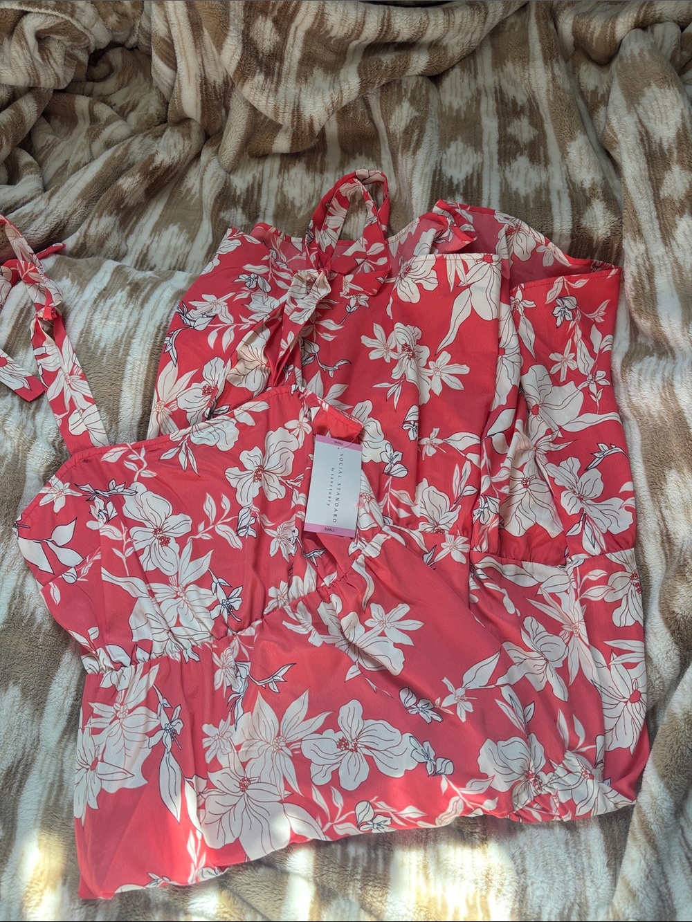Floral Tie-Strap Sundress in Coral and White
